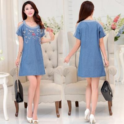 ĐẦM JEAN SUÔNG KHOÉT VAI THÊU HOA - NJ924